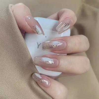 24Pcs Super Long Ballerina Press On Nails Detachable French Gold Dust Full Coverage Fake Nail Tips