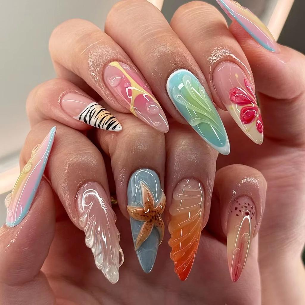 24pcs Blue Ocean Fake Nails Beach Shells Pearl Diamond Design False Nail Tips Korean Sweet Girls Wearable Almond Press On Nails