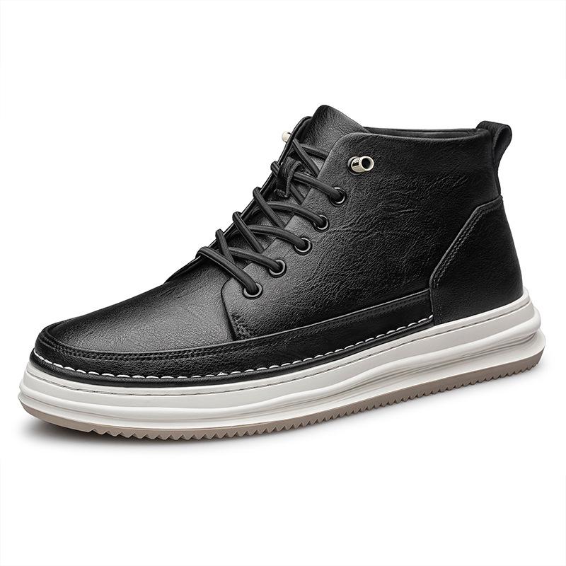 Men s Autumn Round Toe Lace-up Mid-top Leather Shoes with Invisible Height Boost 40 черный 6см