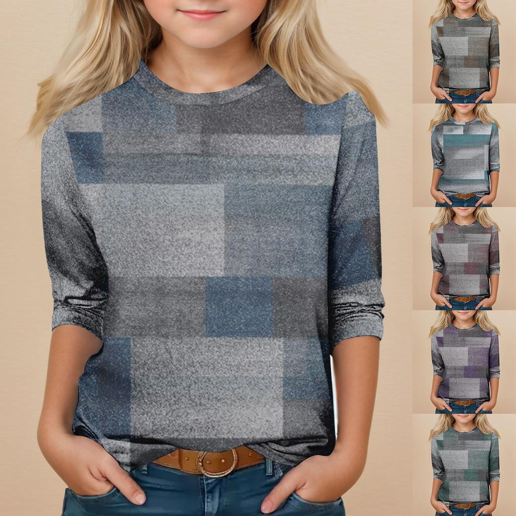 Children's 3/4 Sleeve Tops Casual  Print T Shirt Round Neck Pullover Blouse