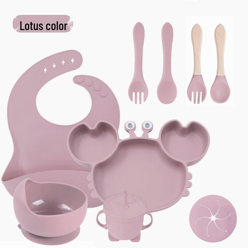 Crab 9-Piece Tableware Set: Silicone Bib, Baby Food Bowl, Fork, Spoon, Compartmentalized Meal Plate - Food Grade