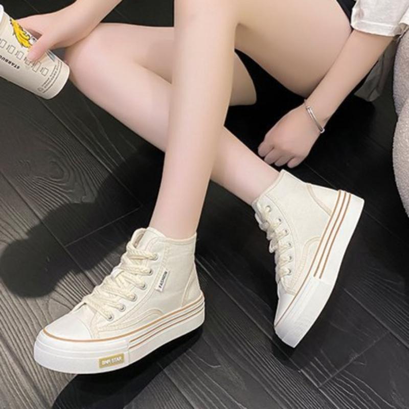 Spring, Summer, Autumn and Winter Women's Shoes Women's Sneakers Canvas Shoes Mid-cut Round Toe Lace-up Casual All-match Shoes