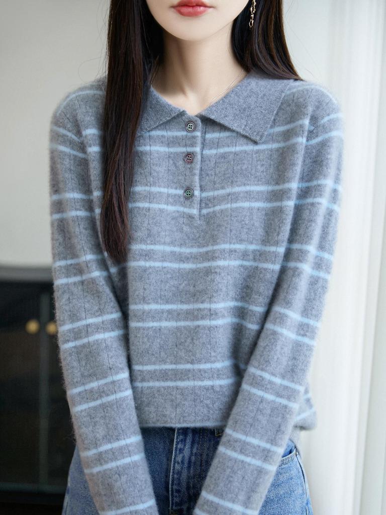 2025 Fall Women's Pure Wool Casual Stripe Polo Collar Long Sleeve Sweater