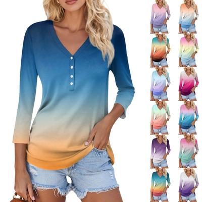 Women's Casual Fashion Sexy Comfortable V-neck Button Gradient Color Three-quarter Sleeve Top