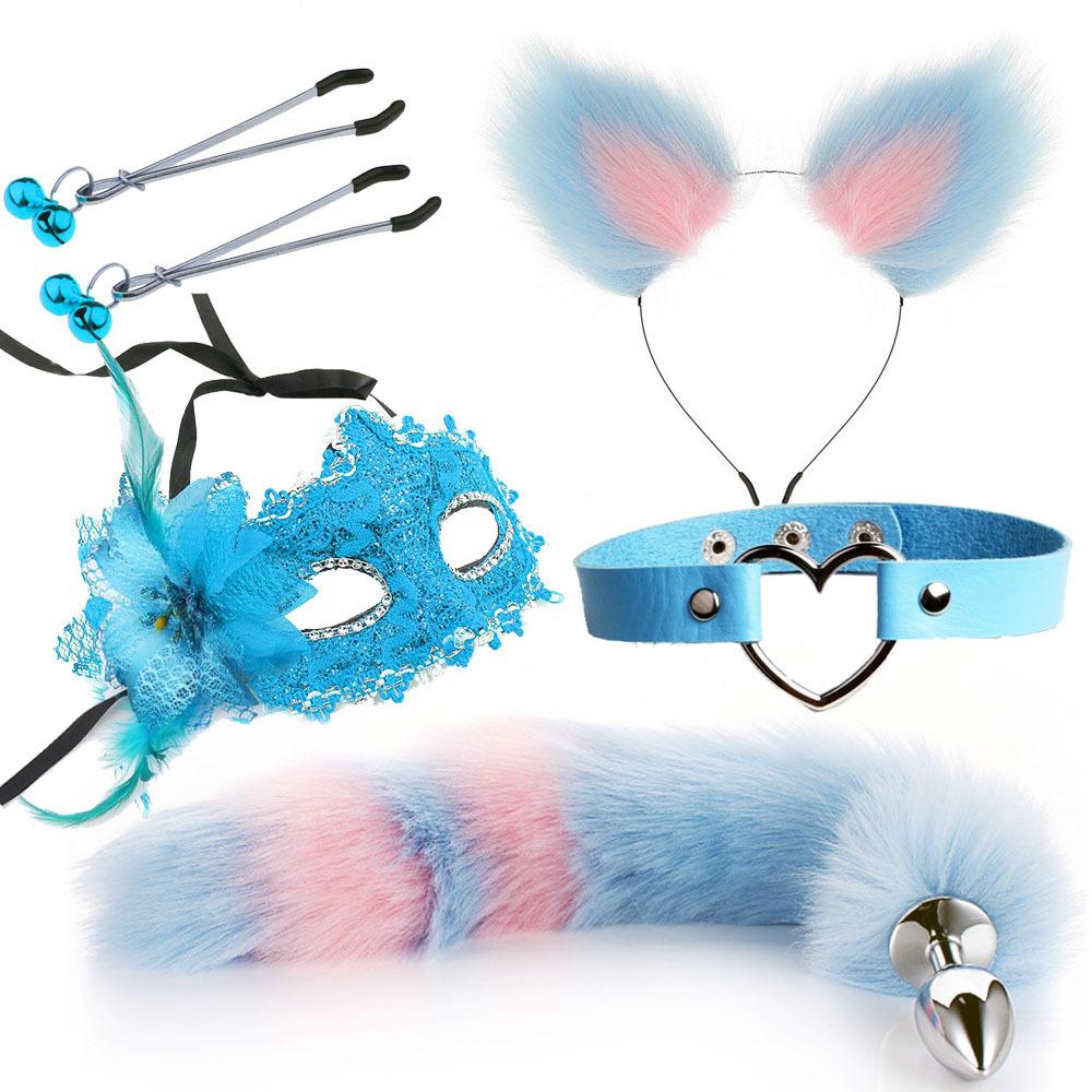 Niedlicher Fuchsschwanz Anal Plug Maske Katzenohren Stirnbänder Set Erotikspiele Nippelclip Halsband Erotik Cosplay Sexspielzeug für
