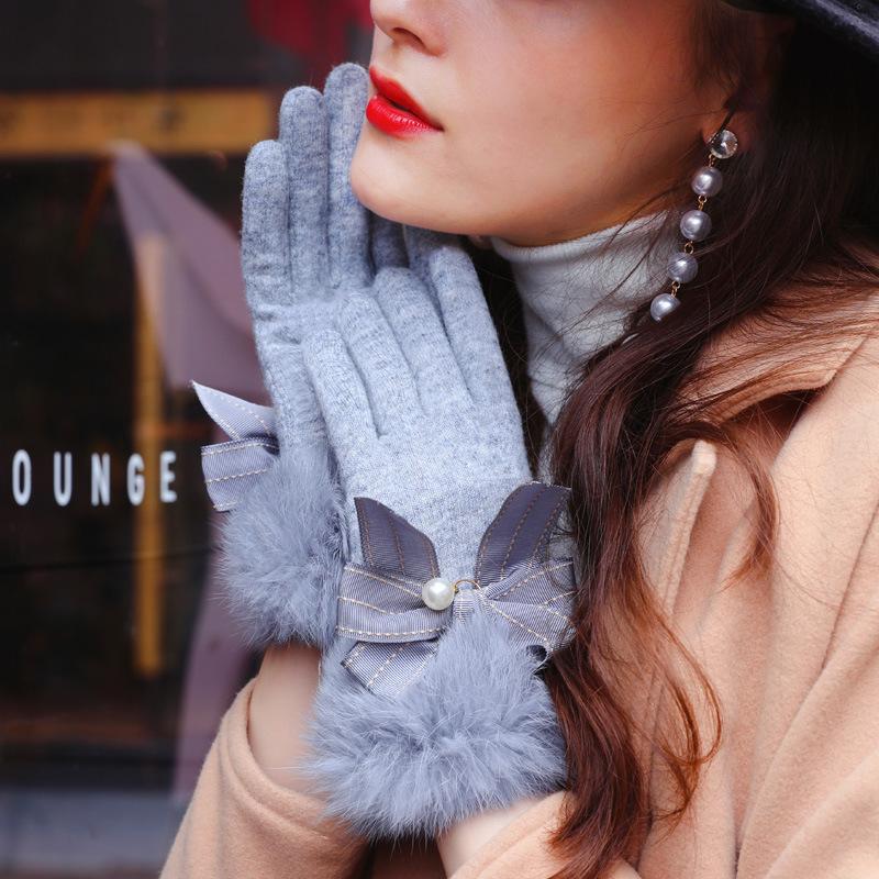 

Женские зимние шерстяные теплые перчатки Добавьте кашемир Утолщенные Бант Жемчужная отделка Сенсорный экран Женские перчатки Элегантные плюшевые перчатки One Size