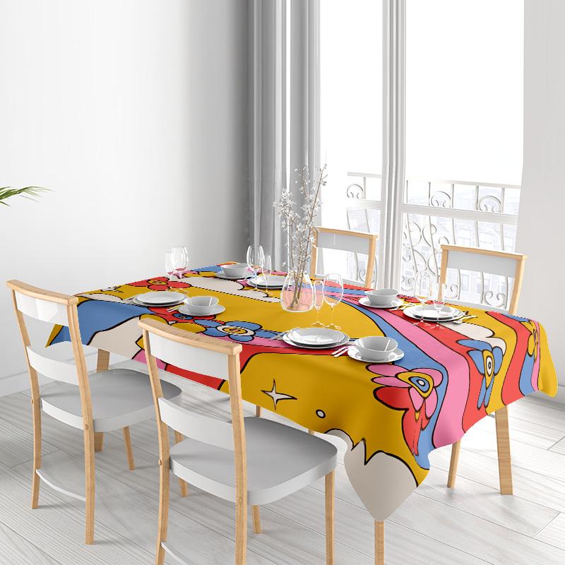 Vibrant Modern Tablecloth Set for Dining Room Decor with Abstract Floral Design Yellow Blue Pink Red Black White Colorful Printe