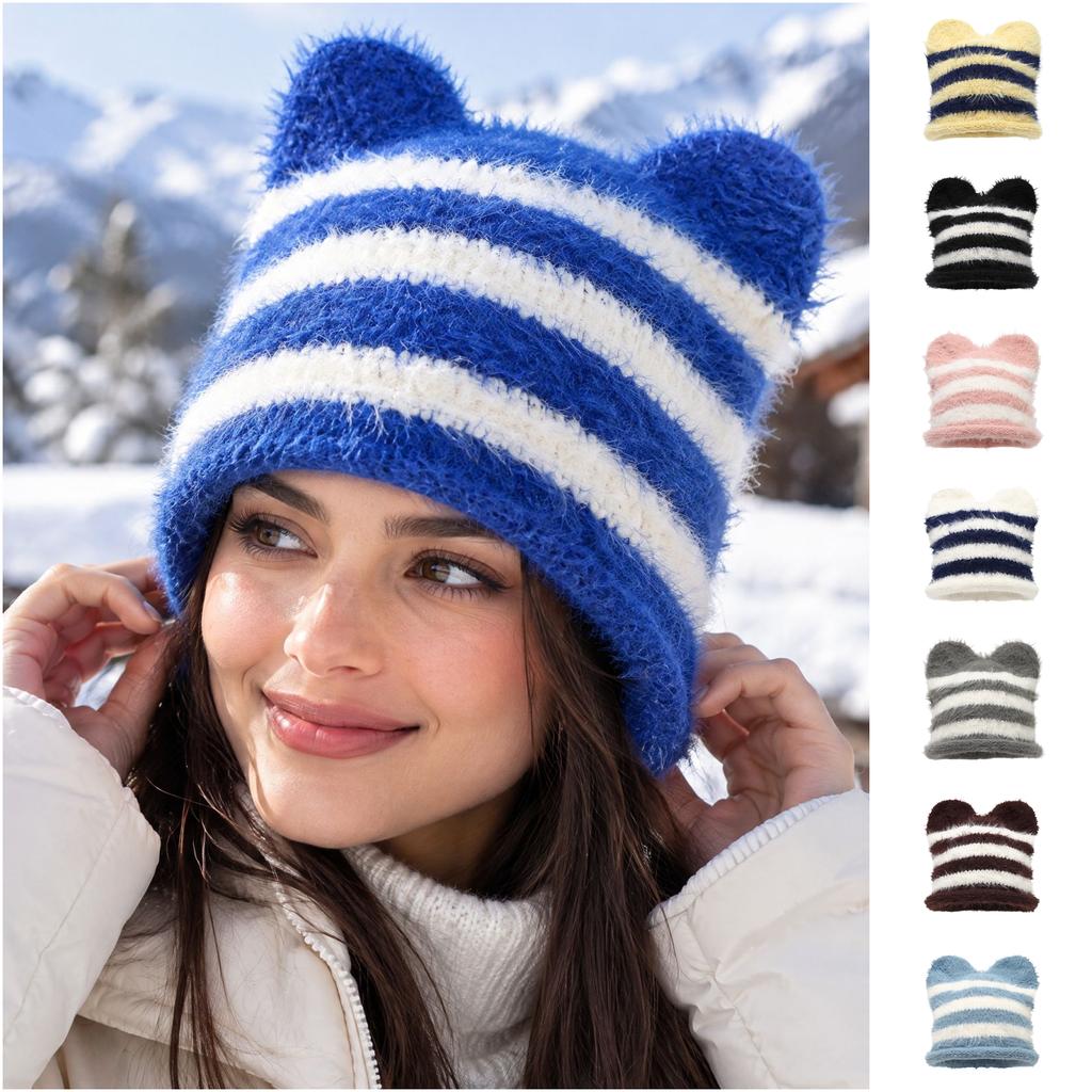 Women's Color Block Striped Ear Hat, Thick Knit Outdoor Winter for Cold