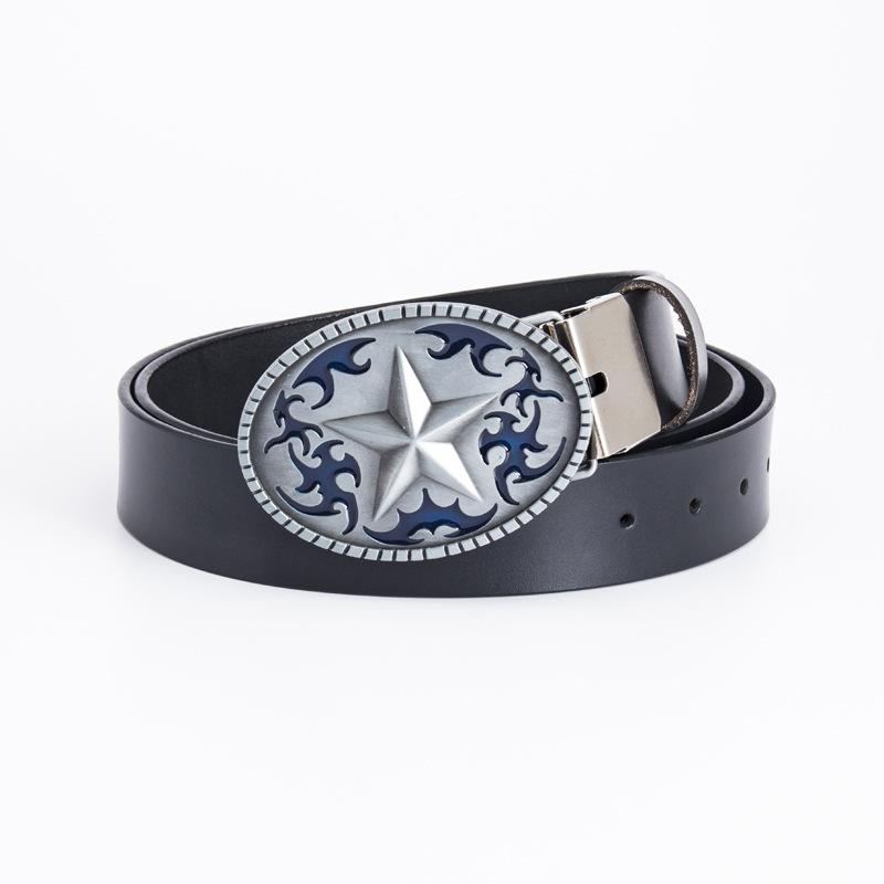 Pentagram Leather Men's Cowhide Belt Retro Smooth Buckle Wide Belt Decorative Belt
