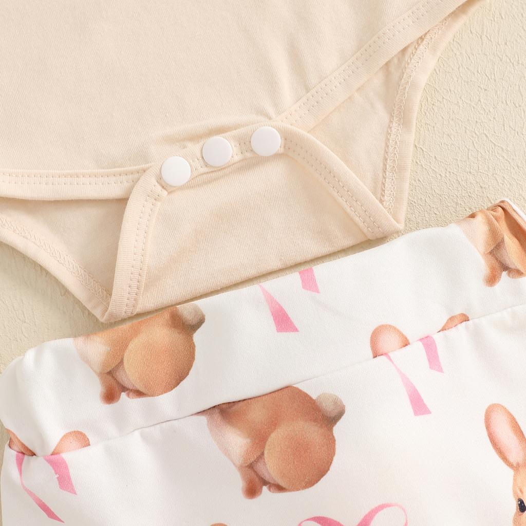 Baby Mädchen Oster-Outfits Hasenohren/Buchstaben-Print Rundhals Kurzarm Strampler Shorts Stirnband 3-teiliges Kleidungsset