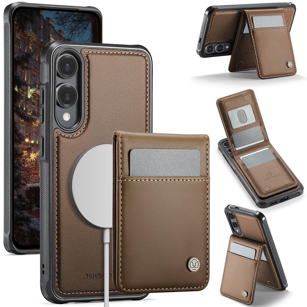 For Samsung Galaxy S25 Edge Leather Back Cover Compatible with MagSafe JEEHOOD J06 Phone Case with Card Bag RFID Blocking