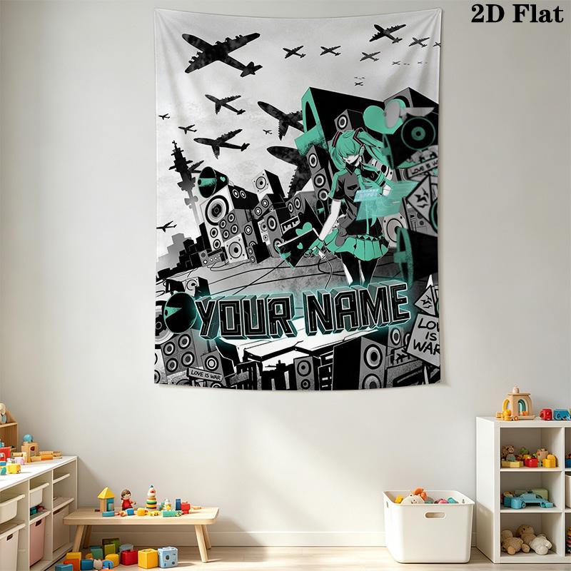 Name Benutzerdefinierte Anime Miku Wandteppich Ästhetischer Wandbehang Bedruckter Stoffdecke Dekorative Wandteppiche für Schlafzimmer Wohnzimmer Heimdekoration