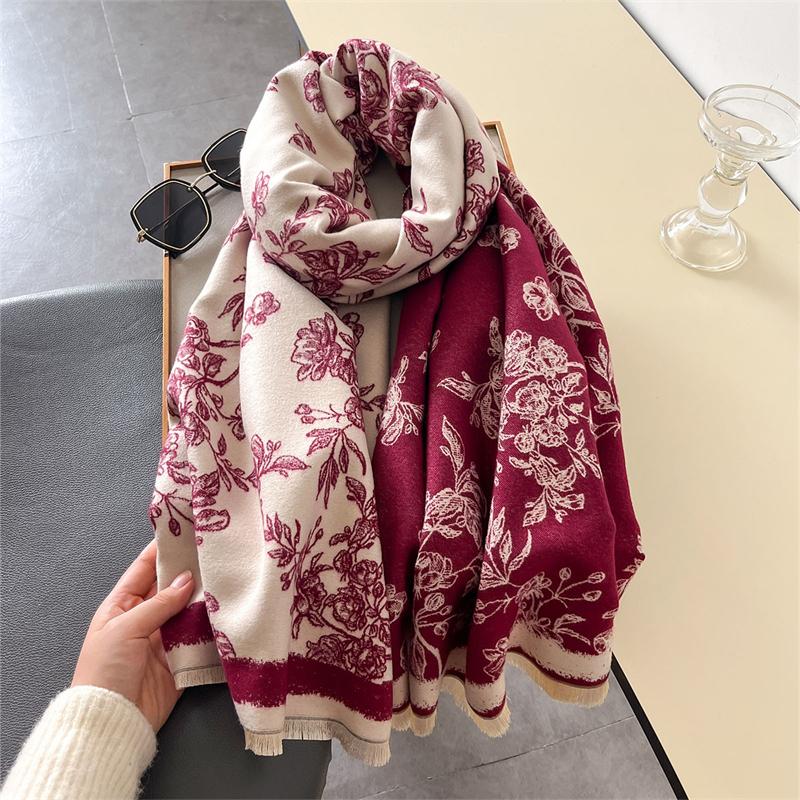 Winter Warm Shawl Elegant Floral Cashmere Scarf Women Thick Blanket Wrap Pashmina Bufanda Tassel Female Long Foulard