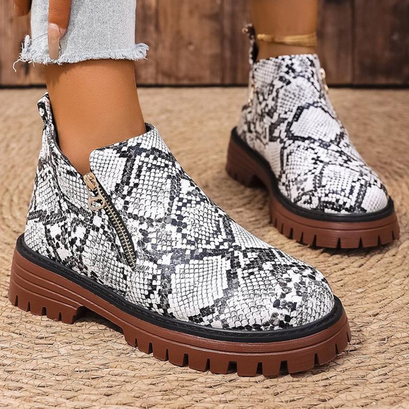 Fashion Fashion Snake Print Ankle Boots Women Spring Autumn Plus Size 36-43 Platform Boots for Woman Zipper Up Round Toe Botas Lady