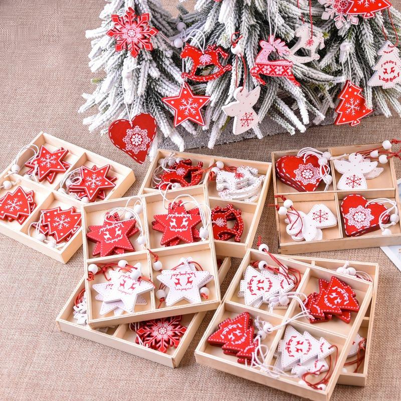 12Pcs Creative Christmas decorations DIY Christmas wooden pendants Christmas tree box set reindeer bell angel heart pendants
