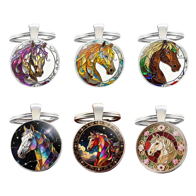 Retro Zodiac Horse Pattern Zinc Alloy Circular Keychain Car Backpack Hangings Decoration