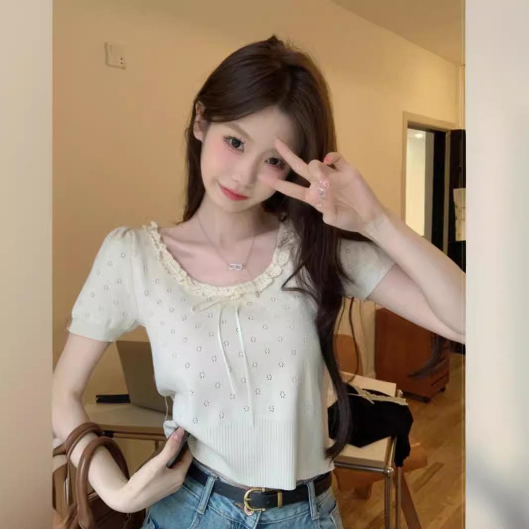

Новая летняя кружевная трикотажная футболка с короткими рукавами и бантом, женская милая тонкая студенческая футболка, модный тренд One size