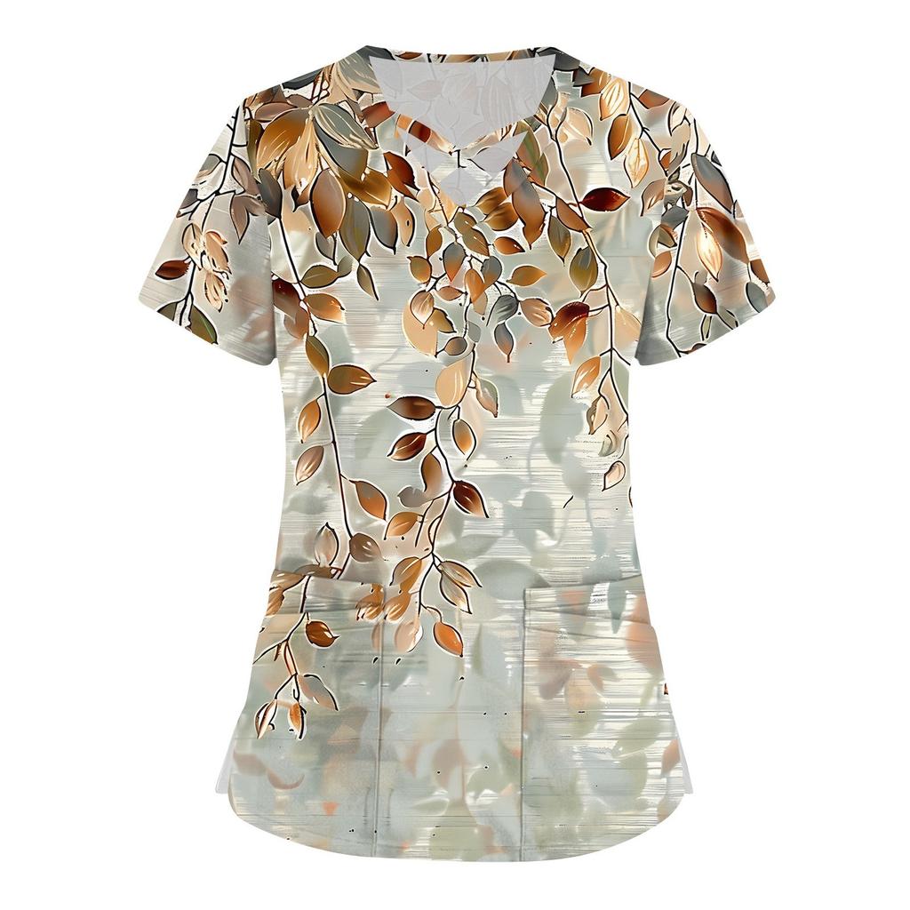 Top de Enfermera de Manga Corta con Cuello en V Escalonado, Estampado y Bolsillo