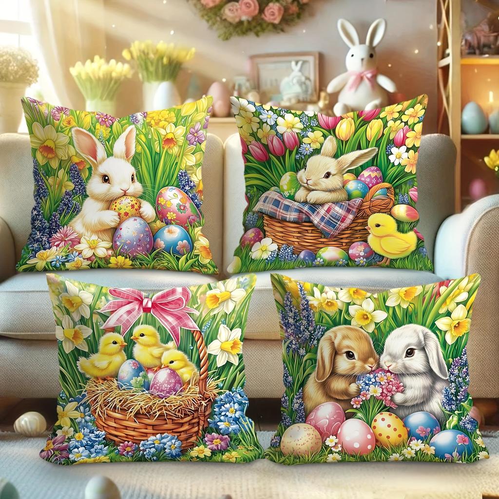 1Pc Easter Bunny Flower Chick Pillowcase Cute Funny Yellow Green Pink Decorative Pillow Cover Zipper Closure Machine Washable