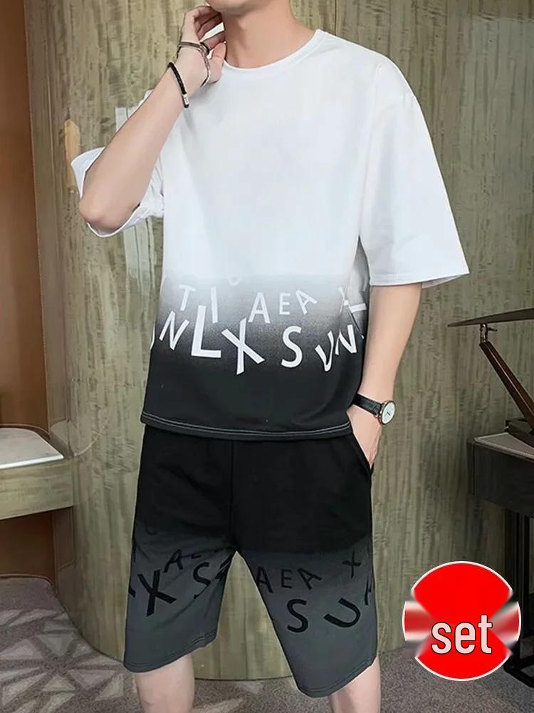 

Men s Summer Short-Sleeve T-Shirt & Trendy Nine-Point Pants Sports Casual Set - Hong Kong & Japanese Style XXL