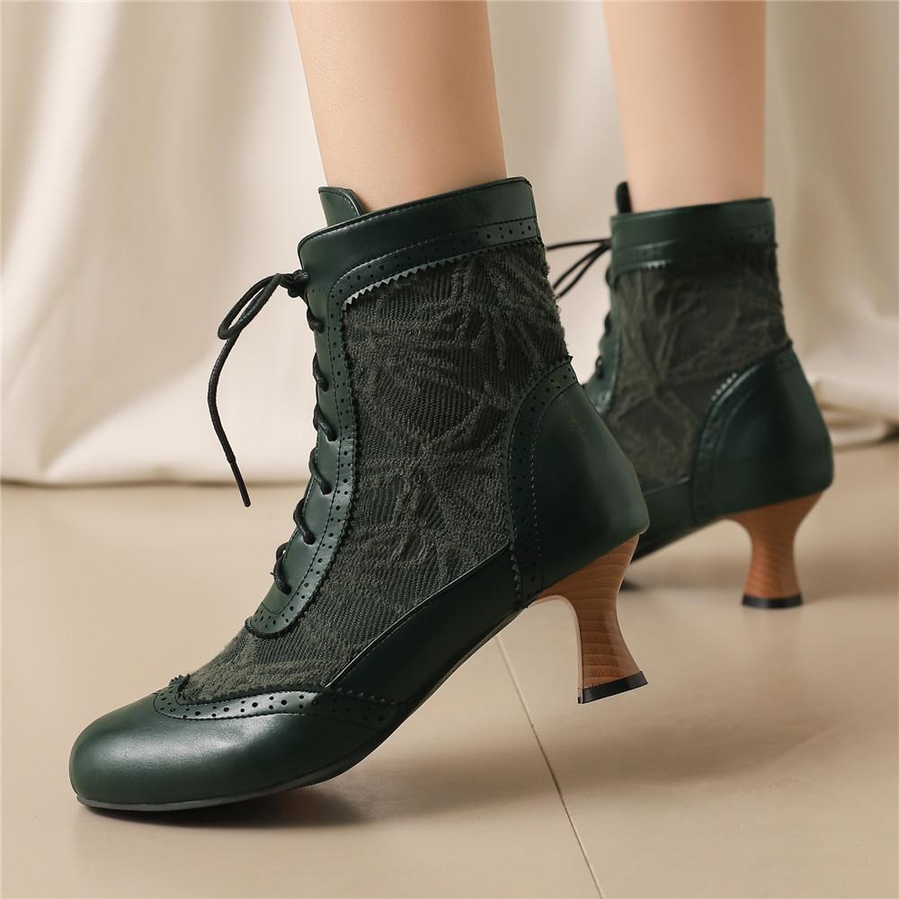 Lace-up Women Ankle Boots Middle Heels Fashion Lace Round Toe Autumn Winter Women Shoes Strange Steampunk Short Booties 34-46