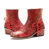 Johnature Vintage Rote Schuhe Handgefertigte kurze Damenstiefel aus echtem Leder mit Splice-Print zum Schnüren