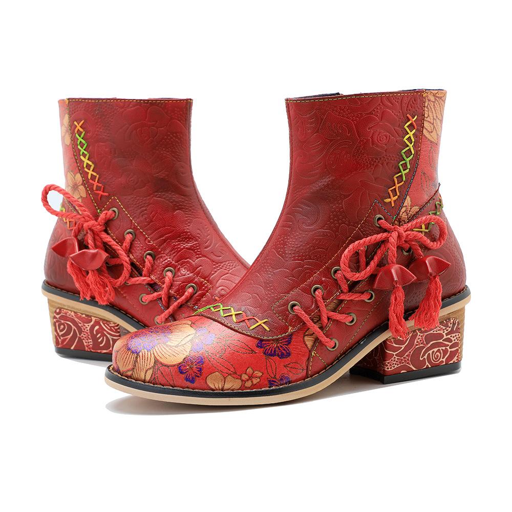 Johnature Vintage Rote Schuhe Handgefertigte kurze Damenstiefel aus echtem Leder mit Splice-Print zum Schnüren