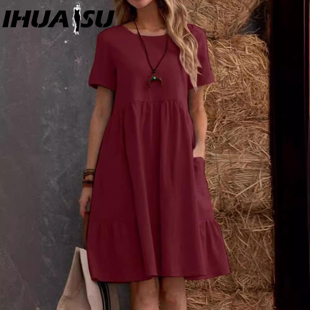 IHUASU Damenmode Sommer Frühling Einfarbig Druck O-Ausschnitt Hohe Taille Freizeitkleider