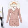 Women Winter Cotton Coat Plus Size Faux Fur Hood Fleece-lined Zip-up Press Button Closure Jacket Windproof Mid Length Slim Fit Outerwear