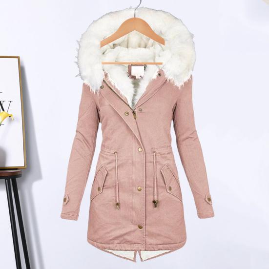 Women Winter Cotton Coat Plus Size Faux Fur Hood Fleece-lined Zip-up Press Button Closure Jacket Windproof Mid Length Slim Fit Outerwear