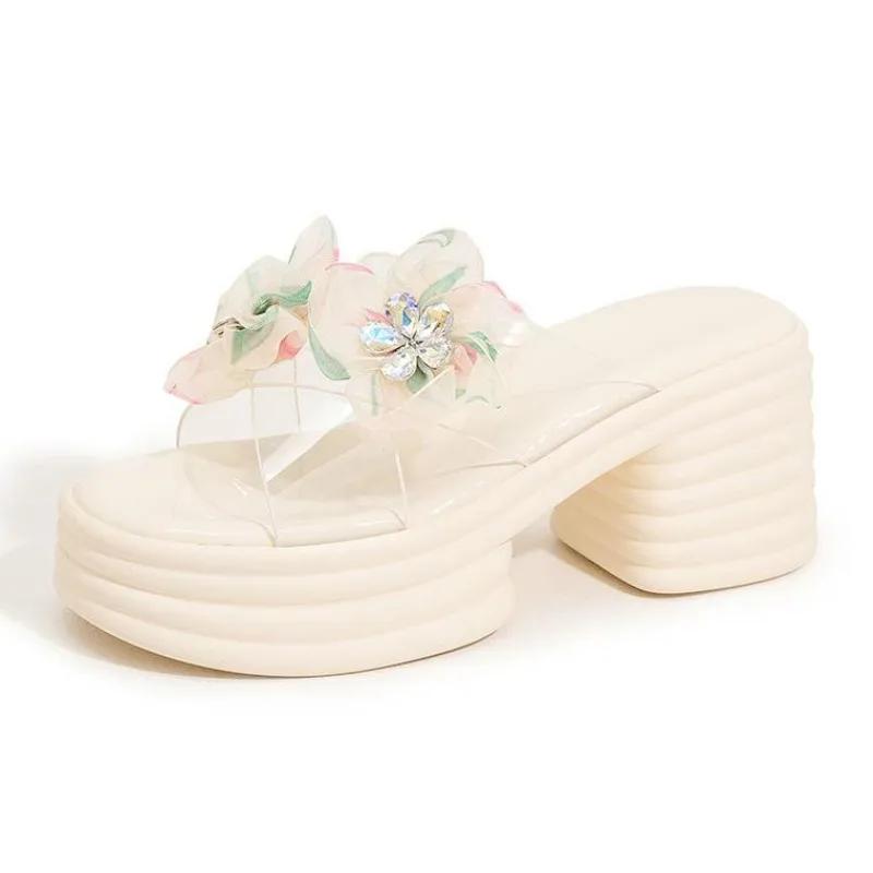 

Fashion 8CM High Platform Slippers Women 2025 Summer New Thick-soled Ladies High Heels Flower Beach Sandals Transparent PVC Flip Flops 39