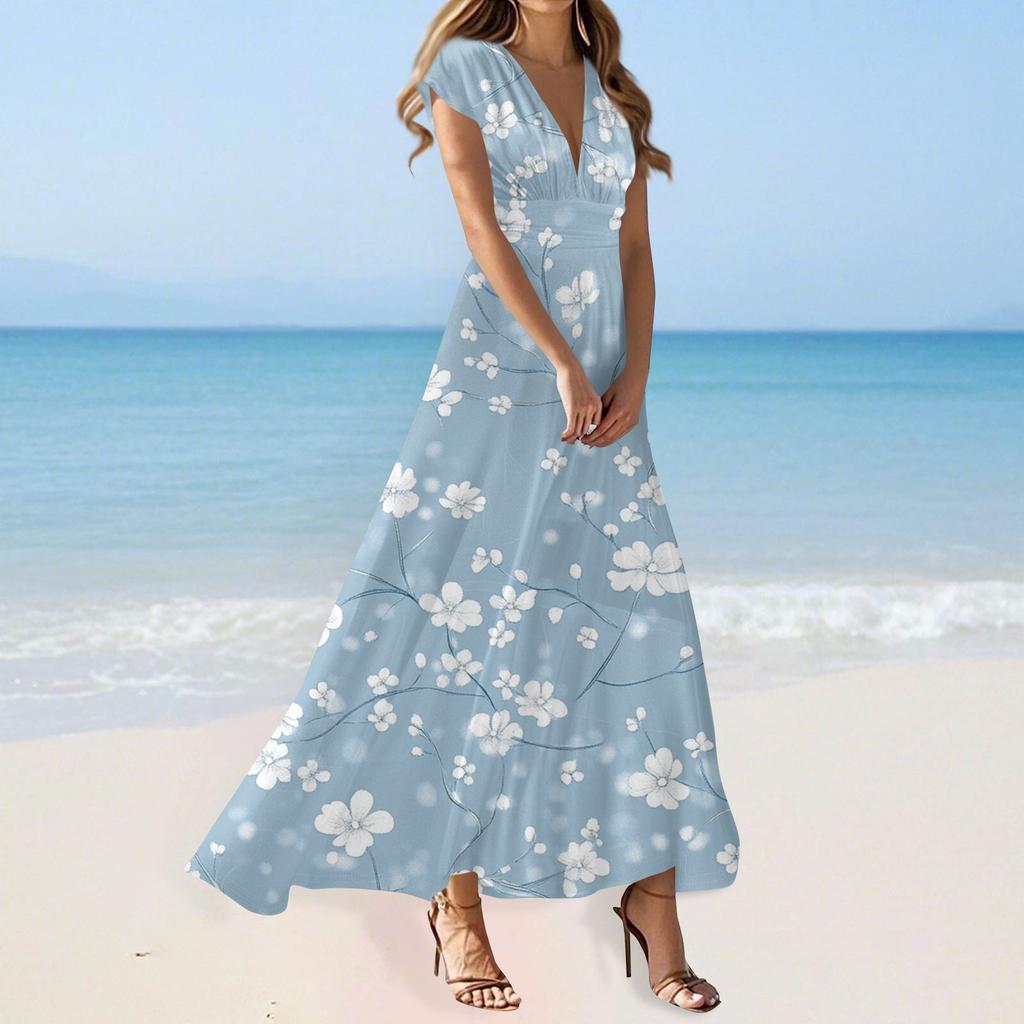Boho Dress For Women Casual Loose Fit Summer Sundress Floral Print Dress With Pocket