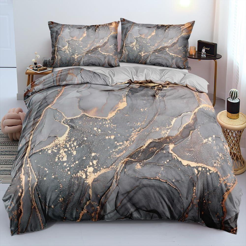 Set biancheria da letto color oro marmo, copripiumino e federa per bambini e adulti stampati in 3D in microfibra ultra-fine con cerniera