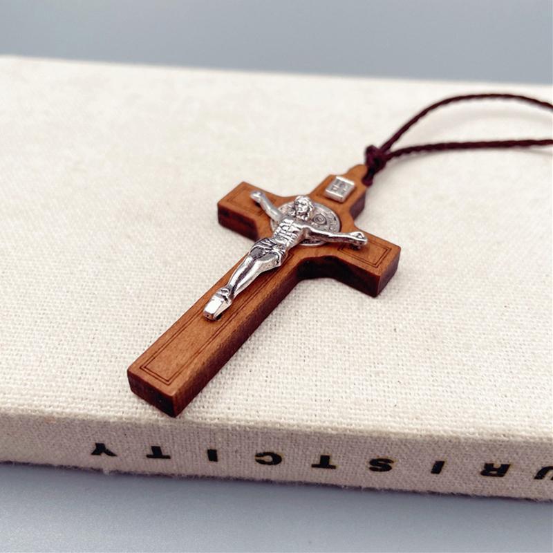 Enkel Religiös Tro Bön Dop Kristen Jesus Trä Metall Kors Vax Rep Halsband Män Kvinnor Accessoarer Smycken Gåva