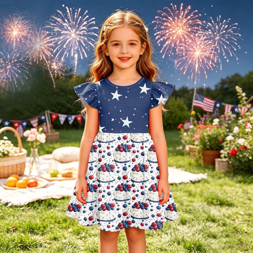 Girls Dress Flutter Sleeve Star Pattern Spliced Dress Casual Summer Dress Lightweight Soft Fabric Comfortable Fit