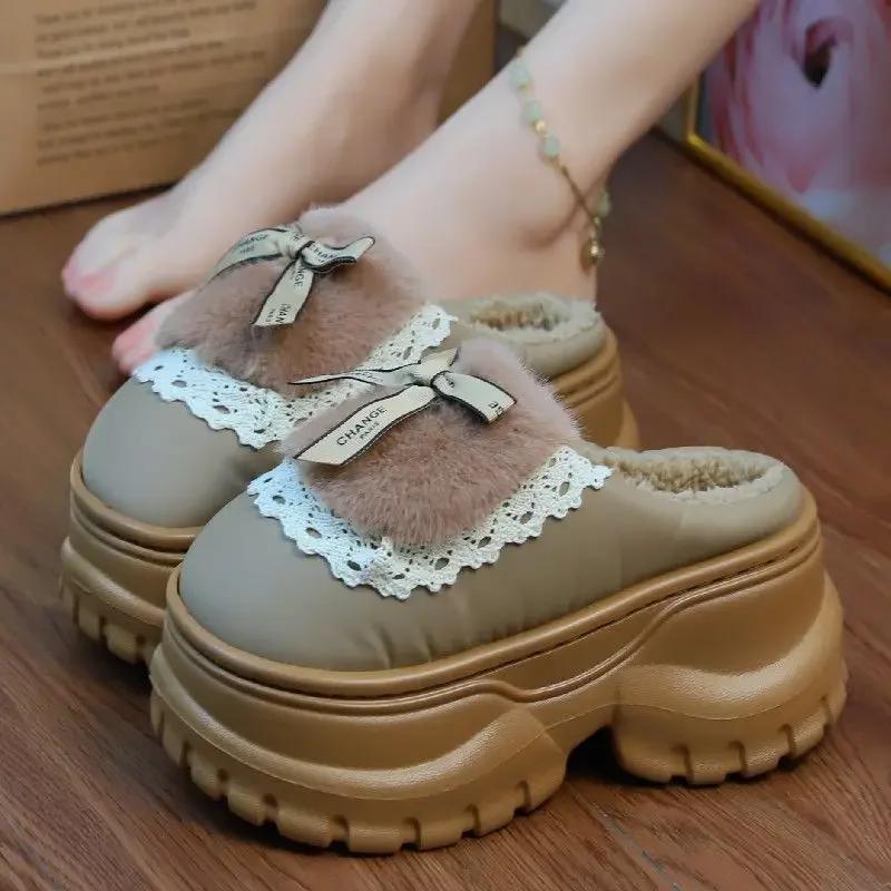 

Fashion winter furry women waterproof mules cotton slippers girl bow tied furry slippers home platform warm slippers ladies 36-37