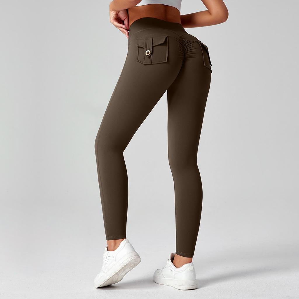 Fitness Leggings With Pocket Sports Yoga Pants Scrunch Buttons Peach Hips Workflow High Waist Running Gym Tights Women