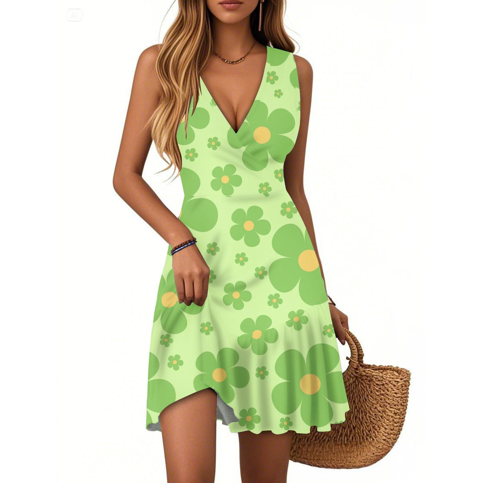 

Женское летнее платье с V-образным вырезом, без рукавов, повседневное, с цветочным принтом, с плиссированным подолом L зелёный