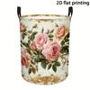 A Dirty Laundry Basket Featuring a Delicate Pink Rose Pattern, Equipped with Handles for Storage. Made of Polyester Fiber, This Large-Capacity Basket 