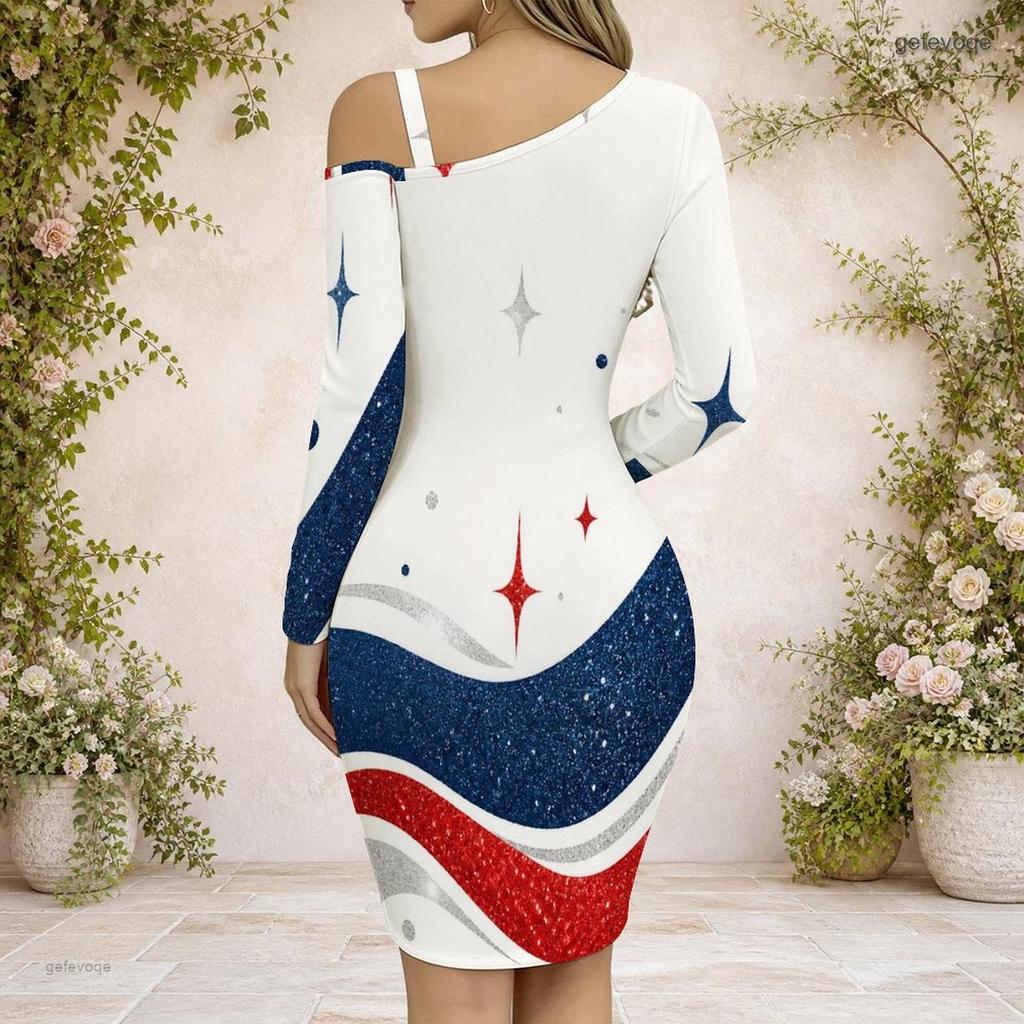 Women Plus Size Cold Shoulder Long Sleeve Printed Chain Strap Asymmetrical Hem Bodycon Dress