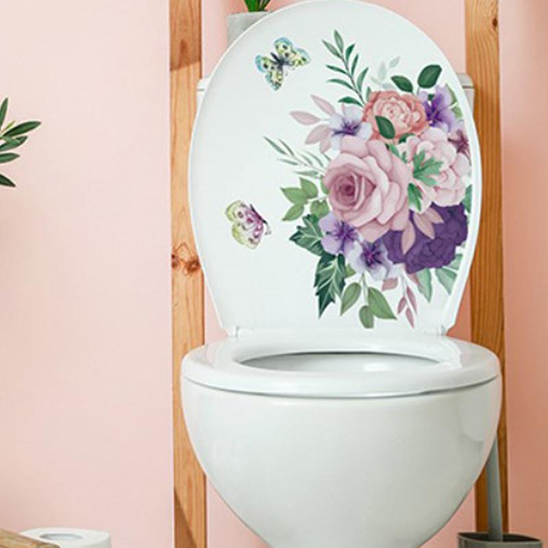 Adesivos de Vaso Sanitário com Padrão de Borboleta e Flor Rosa Adesivos de Decoração para Banheiro Pinturas Autoadesivas Adesivo de PVC Removível