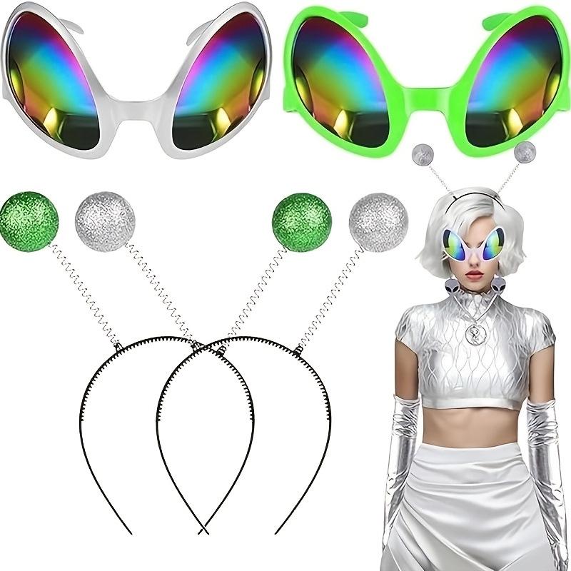 Außerirdisches Antennen-Stirnband mit alberner Brille - Goldener Glitzerball-Raumanzug-Kostüm für Halloween-Party und Cosplay.