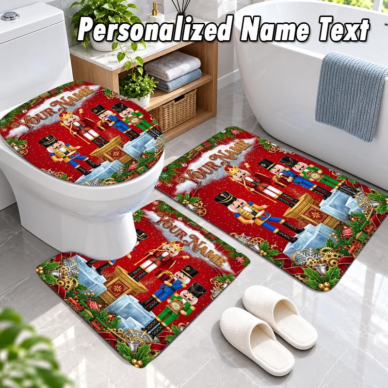 Christmas Custom Name 3Pcs Flannel Bathroom Mat Set Toilet Rug Personalized Bath Decor