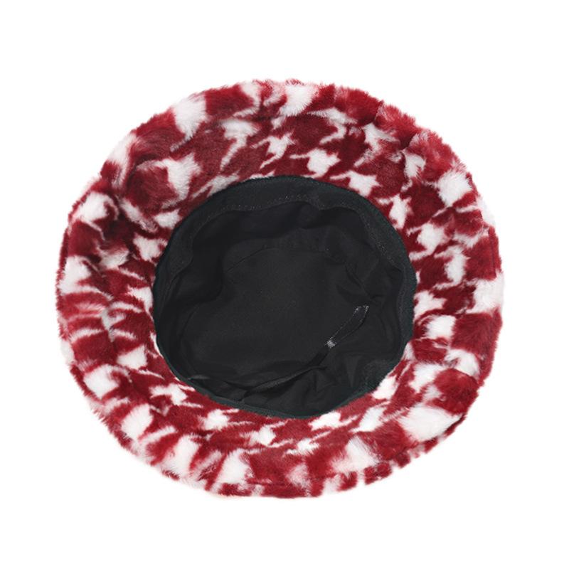2025 Japan and South Korea autumn and winter bucket hat plush Internet celebrities travel warm thousand bird grid rabbit fur basin hat wholesale