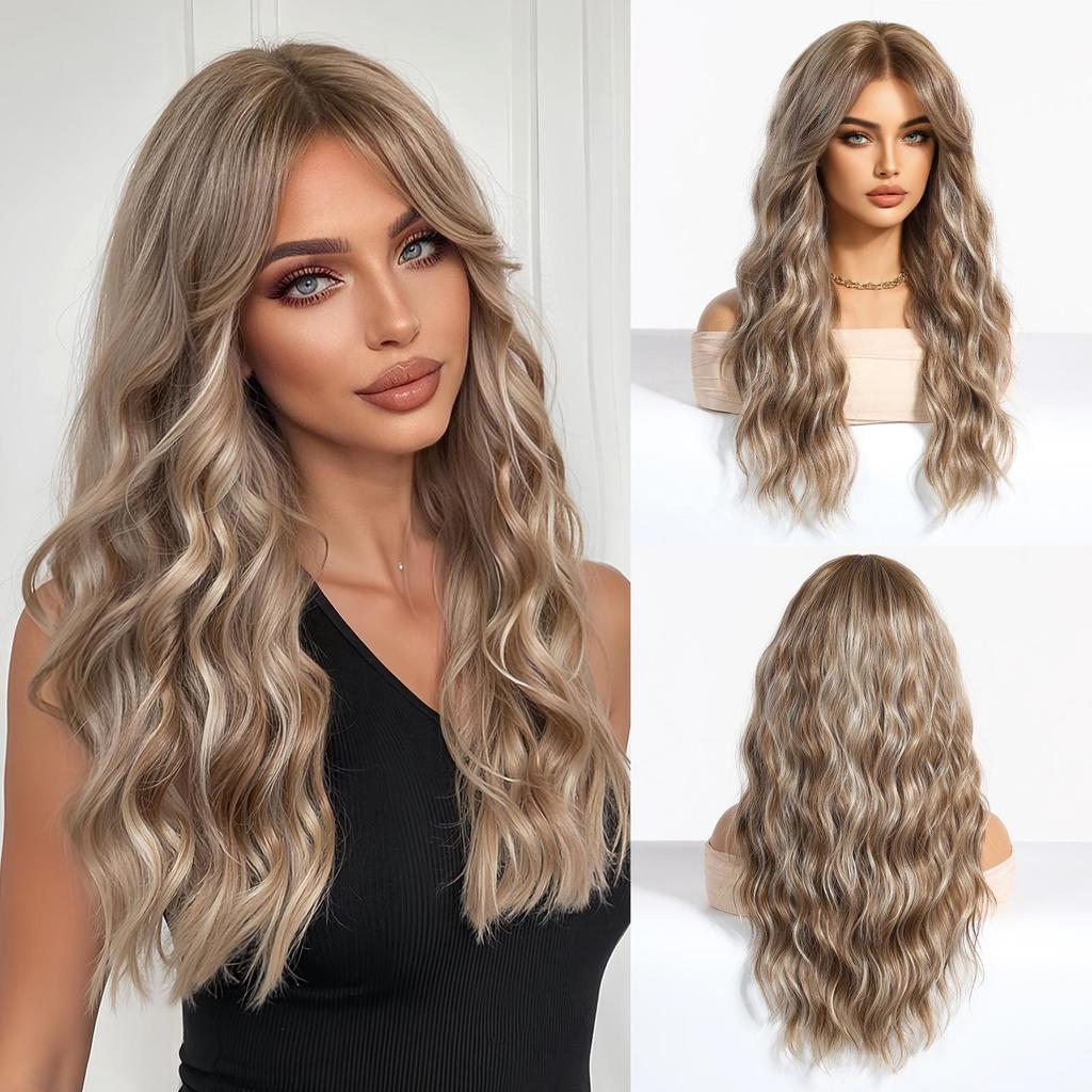 BLONDE UNICORN Synthetic Wig PDark Brown Curly Wavy Wigs with Bangs Cosplay Party UseHeat Resistant Fiber for Women Girl