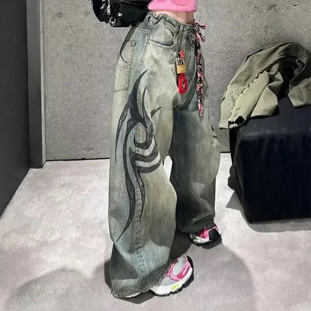 RogueWave Y2K Rosa Baggy Jeans Vintage Trykkmønster Vasket Ripped Jeans Hip Hop Streetwear Harajuku Menn Kvinner Casual Vide Ben Jeans