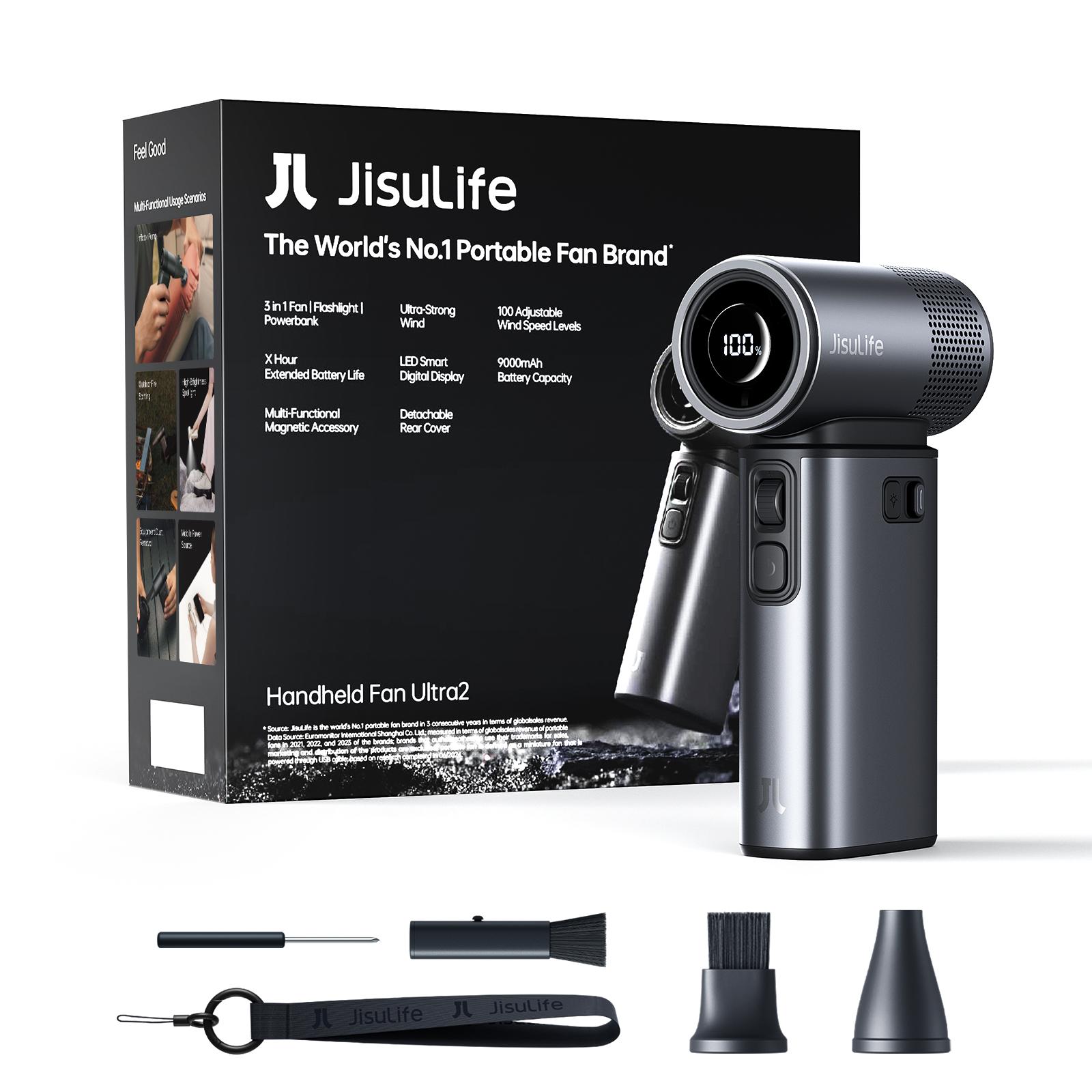 JISULIFE Ručný ventilátor Ultra 2, Výkonný Turbo Jet ventilátor, 100 rýchlostí, Nabíjateľná batéria 9000mAh, LED displej, Vonkajšie kempovanie black