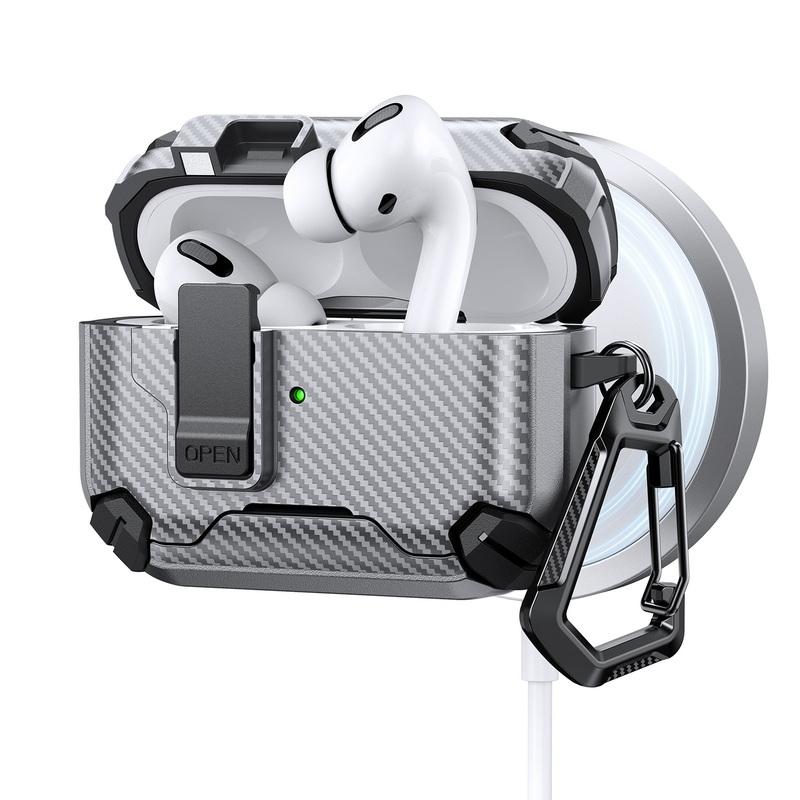 Carbon Fiber Texture Earphone Case For AirPods 4 Pro 3 2 1 Bluetooth Headset Cover with Phone Holder Keychain Earphone Charging Box