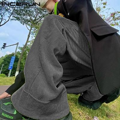 Men Corduroy Elastic Waist Long Trousers Casual Wide Leg Pants With Pockets