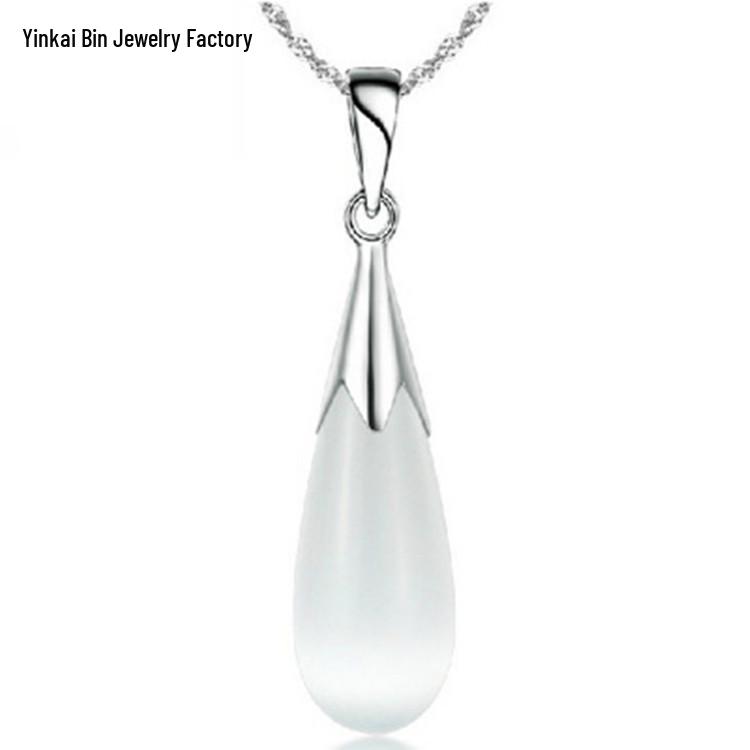 Korean Style S925 Sterling Silver Cat's Eye Water Drop Pendant Necklace for Women